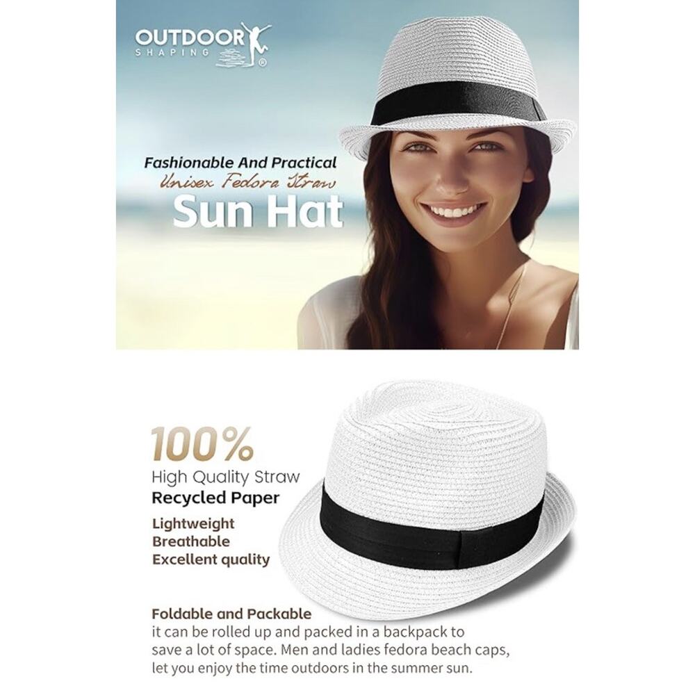 Unisex Straw Fedora Trilby‎ Hat UPF 50+ Packable Summer Beach Sun Hat Size L/XL